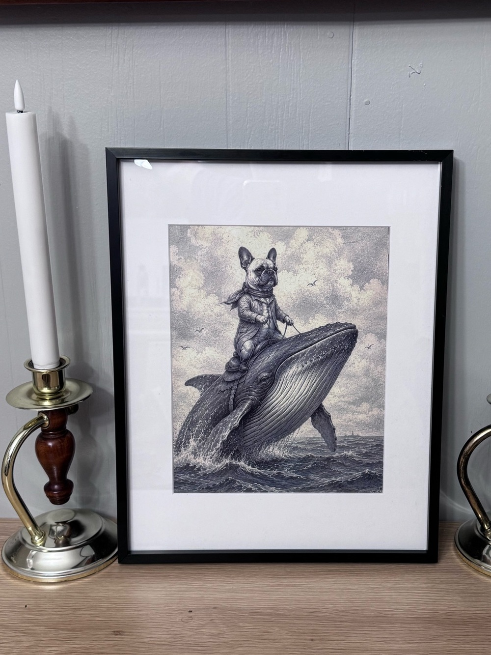 Framed Black and White Whale & Dog Art Print - frenchie art